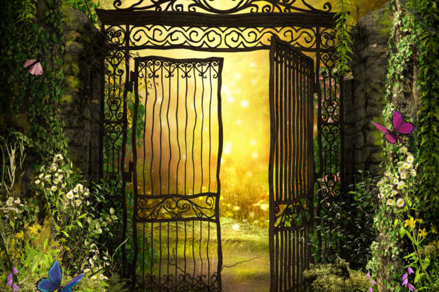 An open iron gate leads to an enchanting secret garden surrounded by ivy covered trees, 3d render.